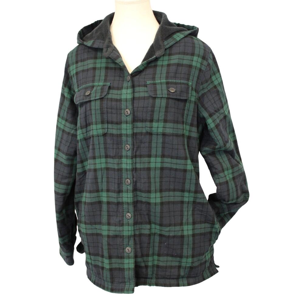 LL Bean Shacket Women Blue Green Plaid Flannel Jacket Fleece Lined Pockets Sz Md